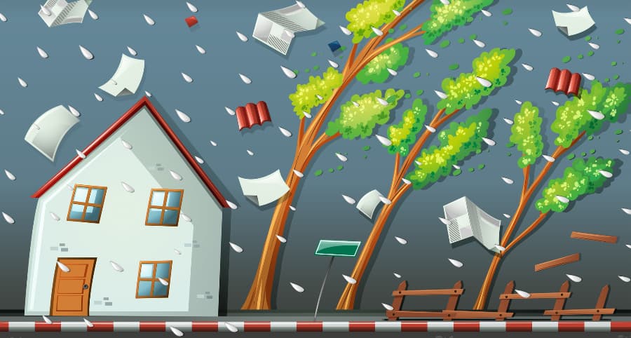 Representation of a storm impacting a residence and the immediate surroundings